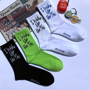 Nouvel arrivage de lettres à la mode je me suis réveillé comme ça hommes chaussettes tubulaires coton tricoté Skateboard femmes chaussettes - Product Image 1