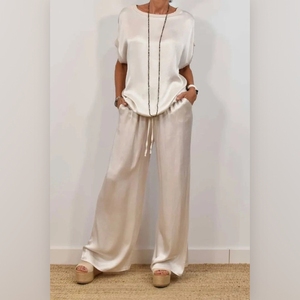 Ensemble décontracté 2 pièces pour femmes, chemise ample à manches courtes et col rond, pantalon large, tendance - Product Image 1