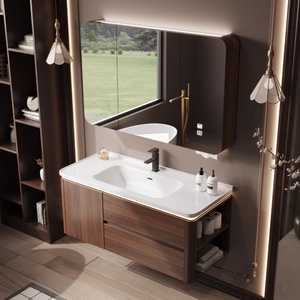 OEM Solid Wood Bathroom <strong>Vanities</strong> Walnut Color Wall Hung Bathroom <strong>Vanity</strong> Cabinet One-Piece Ceramic Basin Bathroom Cabinet - Product Image 4
