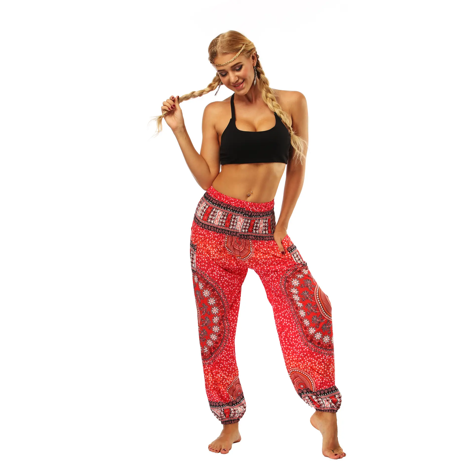 Light weight sports trousers Women's High Waist Baggy Hippie Boho Aladdin all over printing dance Yoga Harem Pants