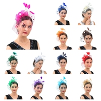 Accessoires Cheveux Uniques et Élégants, Fascinateur en Maille Élastique, Fleurs et Plumes Multicolores, Bandeau de Mariée avec Voile pour Femme