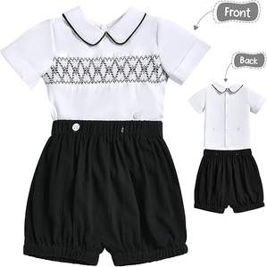 Garçon baptême baptême garçons mariage lin tenue nouveau-né infantile église tenues été à manches courtes smocké bébé - Product Image 4