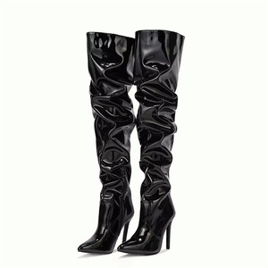 Bottes cuissardes sexy en cuir verni noir à talon aiguille, en PU brillant, avec fermeture éclair – Grande Vente - Product Image 1