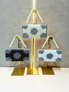 French Retro <b>Square</b> Dinner Crossbody Handbag With Pearl Decoration and Rose Flower Pattern Polyester Material Tanjing - Product Image 4