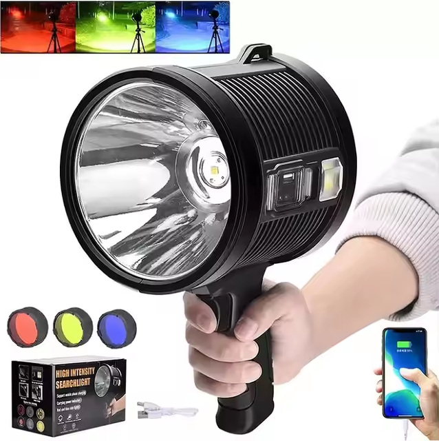 Solar Rechargeable P50 LED Searchlight Power Bank USB Output COB Side Light Three Color Filters Type C Torch for Outdoor Camping