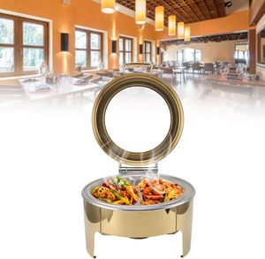 Plat de service chauffant et réchaud <span class=keywords><strong>buffet</strong></span> rond en acier inoxydable doré 6L avec grande fenêtre en verre, style royal moderne de luxe, alimenté à l'alcool - Product Image 6