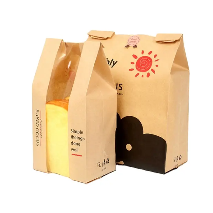 Hoge Kwaliteit Olie-Proof Ontwerp Bedrukt Verpakking Kraftpapier Custom Gebakken Toast Broodzak Met Transparant Plastic Venster