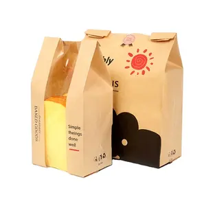 High Quality Oil-proof Design Printed Wrapping Kraft Paper Custom Baked Toast Bread Bag With Transparent Plastic Window