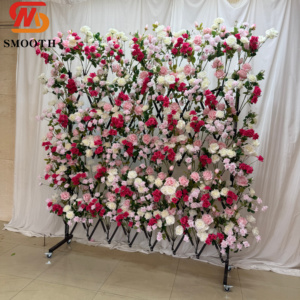 Nouvelle conception élégante : Mur de fleurs artificielles roses 8x8 pieds avec support pliable sur roulettes pour décoration florale de scène de mariage - Product Image 1