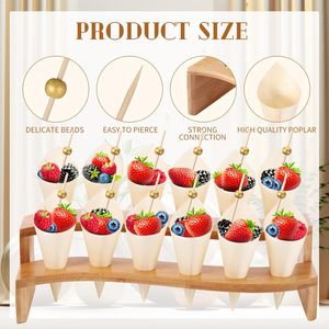 Support de support de cônes à 12 trous présentoir de cône de crème glacée en bambou avec 100 cônes de bois jetables 100 cure-dents fantaisie pour la fête - Product Image 3