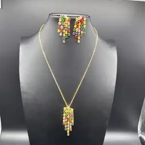 New Delicate African Diamond Tassel Necklace Colorful Zircon 2 Piece Jewelry Set