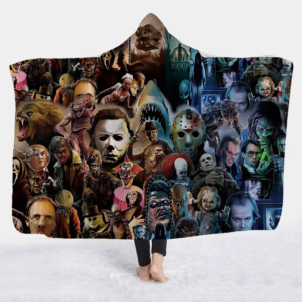 3D Horror Movie Character Gothic Halloween Killers Sherpa Fleece Wearable Throw Hooded Blanket For Adult