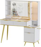 Table de toilette moderne Phoenix Home pour chambre à coucher avec miroir sur pied en verre trempé transparent, éclairage LED RVB et chargeur