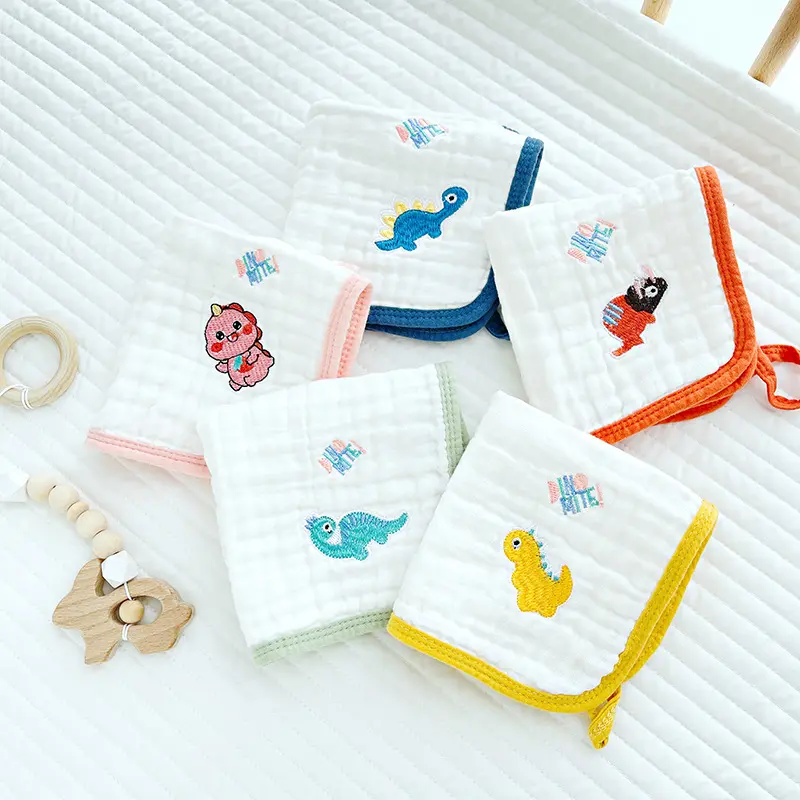 Conjunto de toalhas de mão para bebês, toalha multifuncional respirável bordada de algodão com 6 camadas para estampagem de desenhos animados