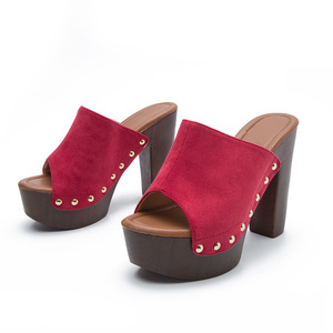 Women's Heeled Sandals Open Toe Chunky <b>Heel</b> Platform High <b>Heel</b> EVA Outsole Pu Lining Solid <b>Red</b> Suede Stones Design Height - Product Image 1