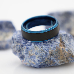 Tungsten Steel Ring Matte Black Blue <b>Brushed</b> Men's Wedding Band Geometric <b>Round</b> Design - Product Image 1