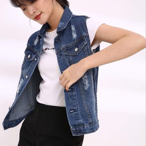 FOXA Womens Denim Vest Sleeveless Buttoned Distressed Washed Jean Jacket With <b>Chest</b> Flap Pockets Vintage Style - Product Image 4