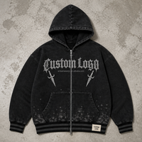 Sweat-shirt à capuche zippé pour homme, personnalisé, effet délavé, avec motif poignard et texte gothique, ourlet côtelé rayé, fourniture OEM ODM