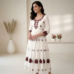 Women's White Cotton Embroidered Kurta With <b>Maroon</b> Floral Design Loose Fit Midi Traditional Indian & Pakistani Style <b>Dress</b> - Product Image 1