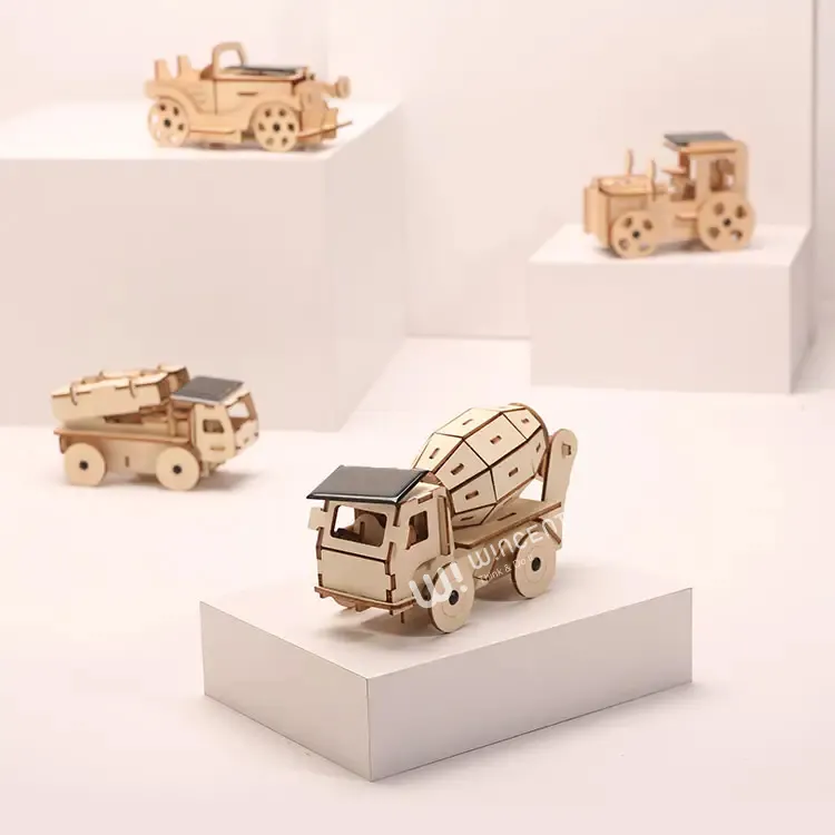 ソーラーパワー面白いレーザーカット3D木製パズルおもちゃ車モデル子供のための教育ギフト