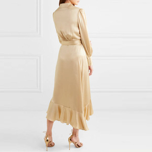 Abito di media lunghezza avvolgente In seta con balza da donna elegante per abbigliamento formale personalizza il colore e il Design del tessuto Made In China - Product Image 2