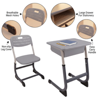 Ensemble bureau et chaise pour étudiant réglable en hauteur, mobilier scolaire ergonomique réglable avec structure métallique pour salle de classe