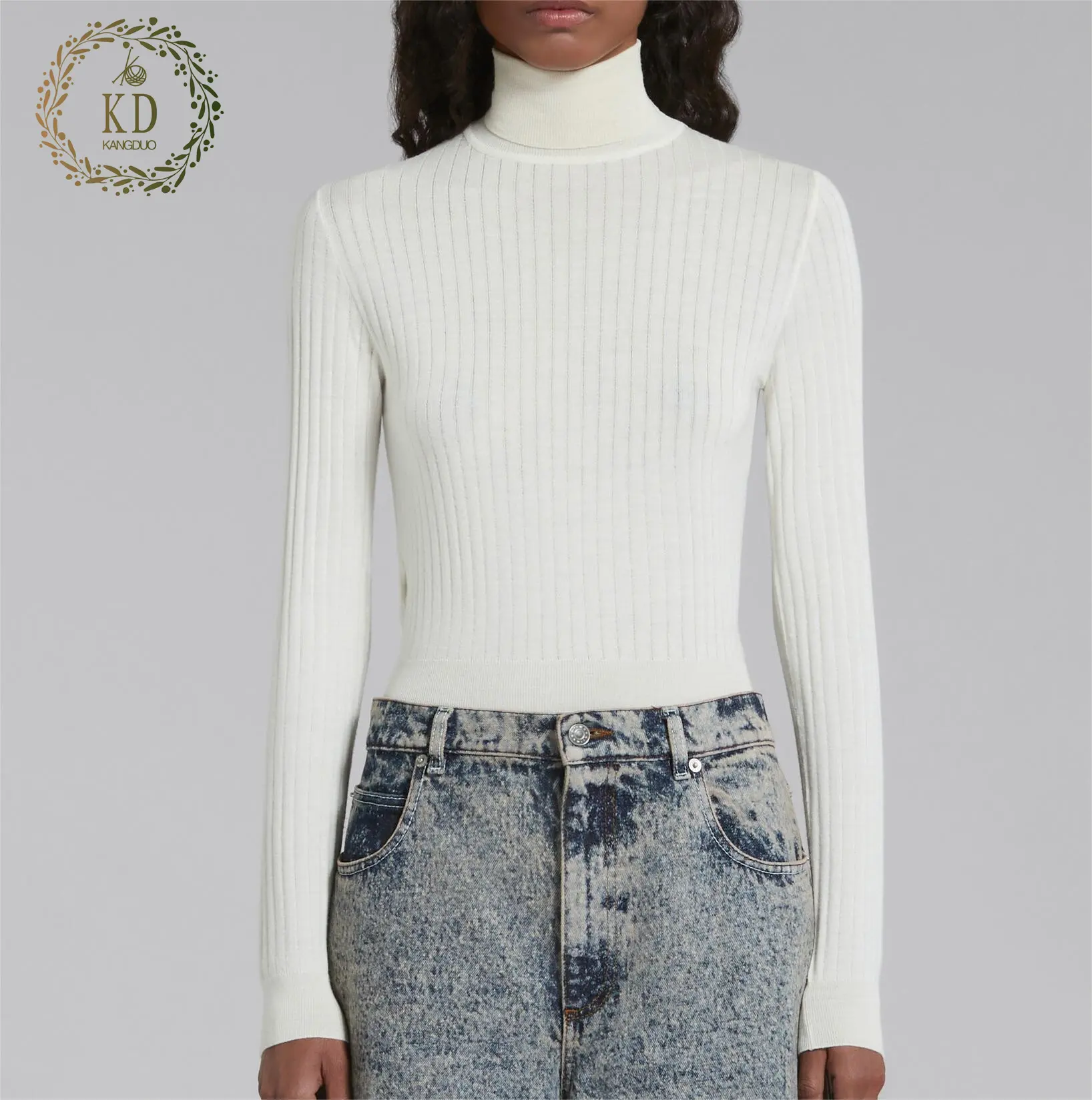 KD Custom Knitwear Manufacturer OEM ODM Long Sleeve Classic White Slim Fitting Turtleneck Knitted Top Wool Women Sweater