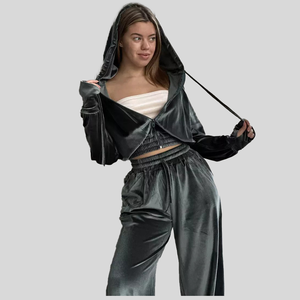 Set Wanita Gaya Euro-Amerika - Cardigan Berkerudung Lengan Panjang Seksi & Celana Berikat Pinggang 2-Potong Pakaian Olahraga Kasual Modis - Product Image 3