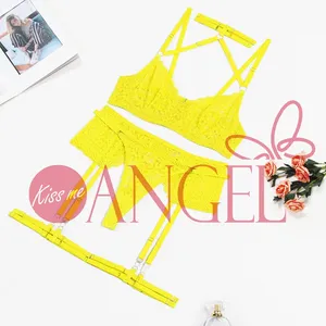 KISS ME ANGEL new yellow sexy halter underwear set stand alone lace hollow garter sexy lace bandage push up bra and panty sets