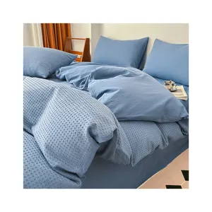 QUNZHEN Solid Color 100% Cotton Waffle Weave king size comforter bed sheet egyptian luxury cotton sheets bedding set wholesale