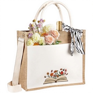 Sac fourre-tout en jute personnalisé avec poche avant en toile et poignées en corde pour les voyages, la plage et le shopping - Product Image 2