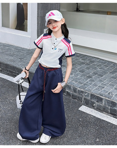 Set di Abbigliamento per Bambine Estate 2026: <span class=keywords><strong>Polo</strong></span> a Righe <span class=keywords><strong>Bianca</strong></span> e Rosa + Pantaloni Larghi Blu Navy, Completo 2 Pezzi - Product Image 5