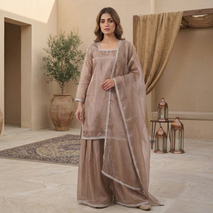 Women Traditional Embossed <b>Silk</b> <b>Kurta</b> Palazzo Set Dupatta Regular Fit Floor Length Beige Color Casual Wear All Seasons India - Product Image 1
