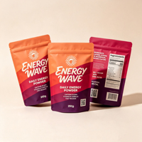 Sachet d'emballage personnalisé pour poudre énergétique, refermable, à fond plat, de qualité alimentaire, pour suppléments de protéines en poudre