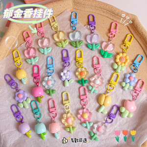 Lindo llavero de metal con forma de tulipán de resina de PVC de dibujos animados, colgante para bolso con girasol, flores de colores variados, bolsa de plástico para auriculares - Product Image 4