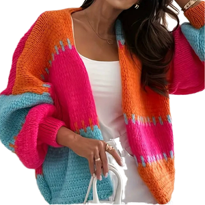 <span class=keywords><strong>Cardigan</strong></span> Autunnale Casual da Donna in Poliestere Traspirante con Blocchi di Colore, Maglione Largo con Maniche a Lanterna - Product Image 1
