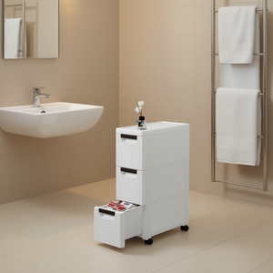 Meuble de rangement à 3 niveaux sur roulettes, unité de rangement en plastique avec tiroirs et roulettes pour salle de bain et chambre, design minimaliste 33x15x85cm - Product Image 2