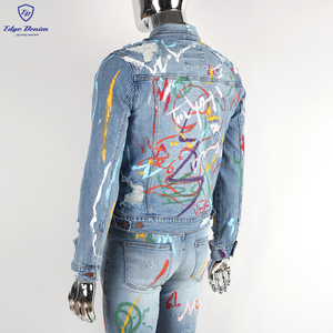Kenar DENIM Denim özel nakış boya sıçramak mavi ceket özel nakış ceketler - Product Image 6
