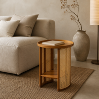 Japanischer Minimalistischer Moderner Bambus-Couchtisch mit Stauraum Rundes Design für Wohnzimmer und Heimbüro