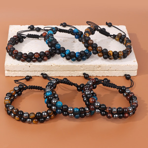 Bracelet ajustable tressé double couche en pierre naturelle œil de tigre et <span class=keywords><strong>hématite</strong></span> 6 mm pour homme, triple protection, style vintage, cadeau - Product Image 1