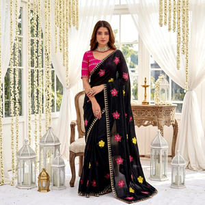 Sari de Seda Negro Bordado con Flores y Blusa Rosa para Mujer, Traje Tradicional Indio para Bodas - Product Image 1