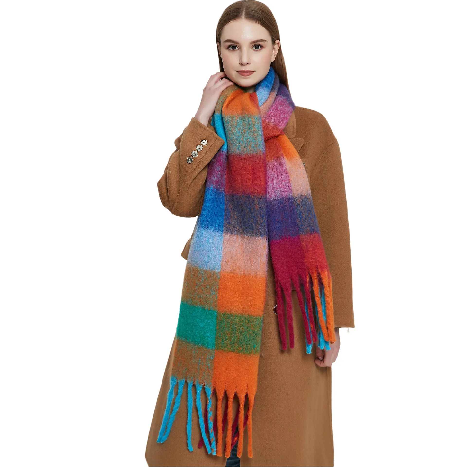 Wholesale Chunky scarf Shawls Women's Winter Thick Knit Long Shawl Cape Poncho Fringe Stripe Scarf With Tassel