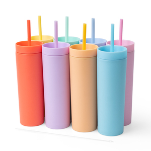 Vendita calda bicchiere colorato da 16 once BPA Free Bulk Double Wall Skinny Matte <span class=keywords><strong>Tumbler</strong></span> all'ingrosso con coperchio in paglia - Product Image 3