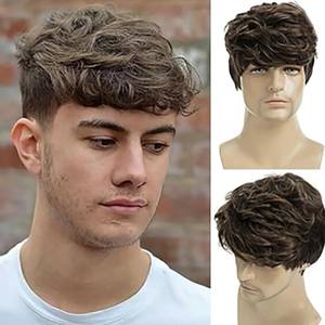 วิกผมผู้ชายสีน้ำตาล ผมสั้นหยิกธรรมชาติ  ฐานวิกโปร่งใส  ใยสังเคราะห์คาเนคาลอน สำหรับชาวยุโรปและอเมริกา - Product Image 1