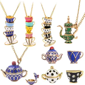 Großhandel Teekanne Emaille Tee tasse Anhänger Ohrring Charm Sweater Halsketten für Frauen
