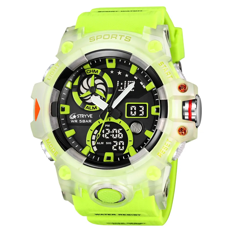 STRYVE-relojes deportivos S8027 para hombre, pulsera de cuarzo Digital, resistente al agua, con cronómetro verde fluorescente, con pantalla de semana