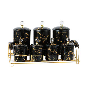 Marmor-Keramik Gewürzdosen mit Deckel Porzellan Gewürzbehälter <span class=keywords><strong>Set</strong></span> 7-teilig Keramik Gewürz- und Würzmittelbehälter - Product Image 1