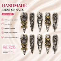 Lot de 10 faux ongles longs stiletto gothiques punk 3D avec crâne et strass, faits à la main, pour Halloween, vente en gros