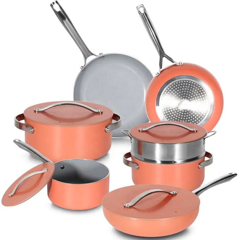 High quality non stick cookware 11pcs ceramic pressed aluminum cookware with stainless steel handle kitchenware set