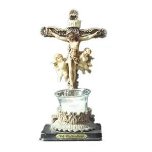 Customized Resin Crafts Religious Jesus Crucifix Cross Angel Candle Holder for Home Christmas Decoration